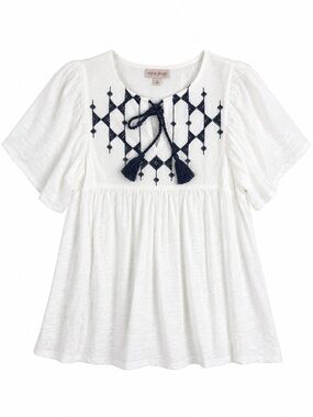 Knox Rose White Navy Embroidered Peasant Blouse NWT Medium